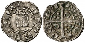 Jaume II (1291-1327). Barcelona. Diner. (Cru.V.S. 344.1) (Cru.C.G. 2160a). 0,85 g. Letras A y U góticas. Buen ejemplar. MBC+.
