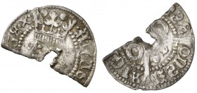 Ferran II (1479-1516). Barcelona. Croat recortado por la mitad ¿para circular como 1/2 croat?. 1,90 g. Falsa de época muy curiosa. (MBC).