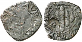s/d. Felipe II. Puigcerdà. 1 ardit. (Cal. 843). 0,86 g. Contramarca P. Escasa. MBC-.