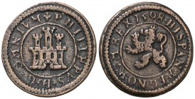 1598. Felipe II. Segovia. 1 maravedí. (Cal. 870) (J.S. B-19). 1,87 g. Sin indicación de ceca ni de valor. Tipo Omnivm. Escasa. MBC.