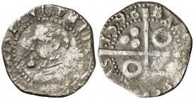 1596. Felipe II. Barcelona. 1/2 croat. (Cal. 698 var) (Badia 962) (Cru.C.G. 4247i). 1,28 g. Manchitas. Rara. (MBC-).