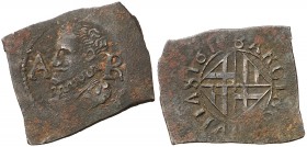 1616. Felipe III. Barcelona. 1 ardit. 2,28 g. Cospel sin recortar de una moneda ¿falsa de época?. Rara. MBC+.
