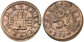 1617. Felipe III. Segovia. 4 maravedís. (Cal. 821). 2,73 g. Acueducto de tres arcos. Escasa. MBC+.