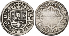 1621. Felipe III. Segovia. /C. 2 reales. (Cal. 371). 5,84 g. Ex Áureo 15/12/1994, nº 518. Escasa. MBC-/BC.