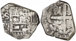 1611. Felipe III. Sevilla. M. 4 reales. 10,45 g. Falsa de época muy curiosa. La fecha empieza a las 5h del reloj. BC+.