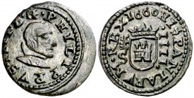 1660. Felipe IV. Segovia. S. 4 maravedís. (Cal. 1547) (J.S. M-565). 1,17 g. Anverso descentrado. Buen ejemplar. Muy rara y más así. MBC+/EBC-.