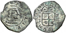 1661. Felipe IV. Burgos. R. 8 maravedís. (Cal. 1258) ((J.S. M-11). 1,73 g. Acuñada a martillo. Escasa. MBC-.
