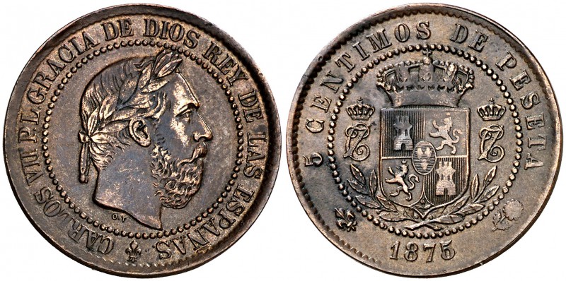1875. Carlos VII. Oñate. 5 céntimos. (Cal. 10). 5 g. MBC+.