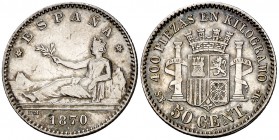 1870*70. Gobierno Provisional. SNM. 50 céntimos. (Cal. 20). 2,47 g. Rayitas en anverso. Pátina. MBC.