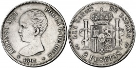 1891/89. Alfonso XIII. PGM. 2 pesetas. (Cal. 30). 10 g. Rectificación muy rara. MBC-.