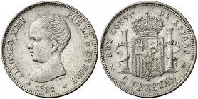 1892*1892. Alfonso XIII. PGM. 2 pesetas. (Cal. 32). 9,98 g. Leves golpecitos. Buen ejemplar. MBC+/MBC.