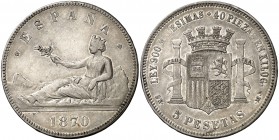 1870*1870. Gobierno Provisional. SNM. 5 pesetas. (Cal. 3). 24,99 g. Golpecito en canto. Parte de brillo original. (MBC+).