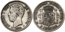 1871*1873. Amadeo I. DEM. 5 pesetas. (Cal. 9). 24,63 g. Rara. MBC-.