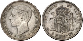 1881*1881. Alfonso XII. MSM. 5 pesetas. (Cal. 32). 24,61 g. Escasa. MBC-.