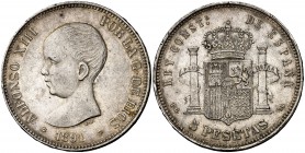 1891*1891. Alfonso XIII. PGM. 5 pesetas. (Cal. 17). 25,18 g. Leves golpecitos. Parte de brillo original. MBC+.