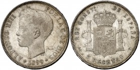 1899*1899. Alfonso XIII. SGV. 5 pesetas. (Cal. 28). 24,93 g. Bella. EBC.