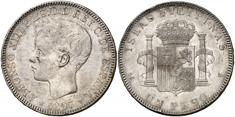 1897. Alfonso XIII. Manila. SGV. 1 peso. (Cal. 81). 24,95 g. Leves golpecitos. M...