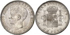 1897. Alfonso XIII. Manila. SGV. 1 peso. (Cal. 81). 24,95 g. Leves golpecitos. MBC.