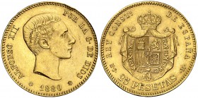 1880*1880. Alfonso XII. MSM. 25 pesetas. (Cal. 10). 8,04 g. Golpes en canto. (EBC).