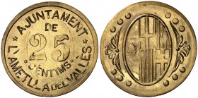 L'Ametlla del Vallès. 25, 50 céntimos (dos) y 1 peseta (dos). (Cal. 1). Lote de 5 monedas, serie completa. Raras. MBC+/EBC.