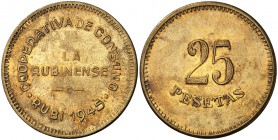 1945. Rubí. Cooperativa de Consumo "La Rubinense". 10 céntimos, 1 y 25 pesetas. Lote de tres piezas. BC+/EBC.
