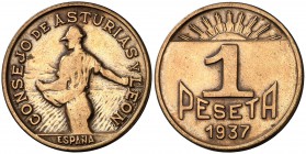 Asturias y León. 50 céntimos, 1 y 2 pesetas. (Cal. 4). Serie completa de 3 monedas. MBC/MBC+.