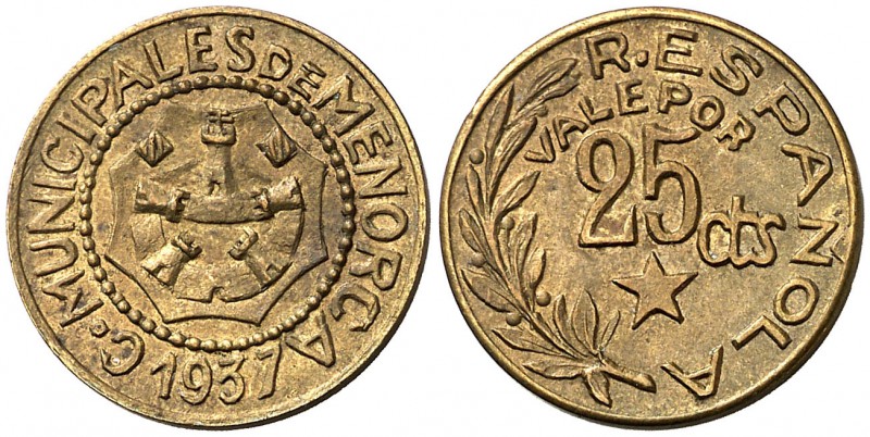 Menorca. 5, 10 y 25 céntimos, 1 y 2'50 pesetas. (Cal. 12). Serie completa de 5 m...