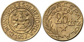 Menorca. 5, 10 y 25 céntimos, 1 y 2'50 pesetas. (Cal. 12). Serie completa de 5 monedas. MBC+/EBC.