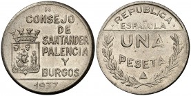 1937. Santander, Palencia y Burgos. 1 peseta. (Cal. 16, como serie completa). 5,38 g. S/C-.