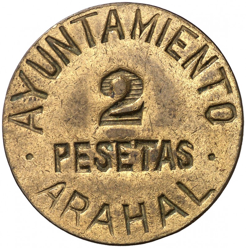 Arahal (Sevilla). 2 pesetas. (Cal. 2, como serie completa). 5,78 g. Escasa. EBC.