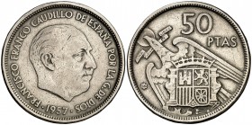 1957*58. Estado Español. 50 pesetas. (Cal. 29). 12,47 g. En el canto: UNA-LIBRE-GRANDE. Rara. MBC.