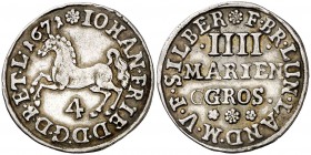 1671. Alemania. Brunswick-Luneburg-Calenberg. Johann Friedrich. 4 mariengroschen. (Kr. 87 var). 2,33 g. AG. MBC.