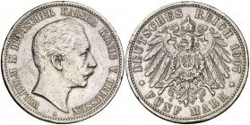 1907. Alemania. Prusia. Guillermo II. A (Berlín). 5 marcos. (Kr. 523). 27,63 g. AG. Golpecitos. MBC-/MBC.