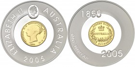 2005. Australia. Isabel II. 1 dólar. (Kr. 825). 60,77 g. AG. 150º Aniversario de la primera emisión de 1/2 soberano australiano. En estuche y certific...