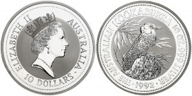1992. Australia. Isabel II. 10 dólares. (Kr. 180). 311 g. AG. Kookabuma. S/C.