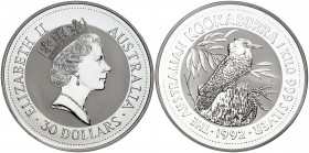 1992. Australia. Isabel II. 30 dólares. (Kr. 181). 1 kg. AG. Kookabuma. S/C.