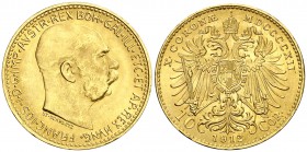 1912. Austria. Francisco José I. 10 coronas. (Fr. 513R). 3,39 g. AU. S/C.