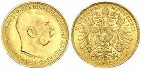 1912. Austria. Francisco José I. 10 coronas. (Fr. 513R). 3,39 g. AU. S/C.