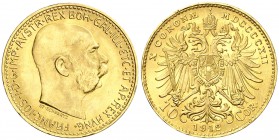 1912. Austria. Francisco José I. 10 coronas. (Fr. 513R). 3,40 g. AU. S/C.