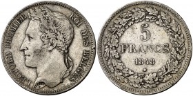 1848. Bélgica. Leopoldo I. 5 francos. (Kr. 3.2). 24,73 g. MBC.