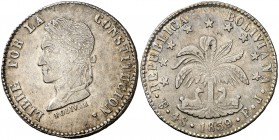 1859. Bolivia. Potosí. FJ. 4 soles. (Kr. 123.3). 13,83 g. AG. Preciosa pátina. Escasa así. MBC+.