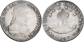 1837. Bolivia. Potosí. LM. 8 reales. (Kr. 97). 26,92 g. AG. Bonita pátina. Ex Daniel Frank Sedwick 02-03/11/2017, nº 798. EBC-.