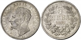 1892. Bulgaria. Fernando I. KB. 5 leva. (Kr. 15). 24,97 g. AG. EBC-.