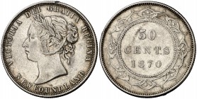 1870. Canadá. Victoria. Terranova. 50 centavos. (Kr. 6). 11,67 g. AG. Golpecitos. Escasa. MBC+.