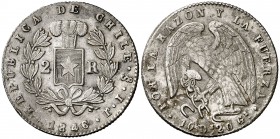 1846. Chile. (Santiago). IJ. 2 reales. (Kr. 100.2). 5,80 g. AG. Golpecitos y manchitas. Rara. (MBC+).