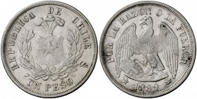 1889. Chile. (Santiago). 1 peso. (Kr. 142.1). 24,74 g. AG. Rara. MBC+.
