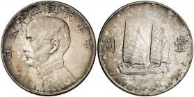 Año 23 (1934). China. 1 dólar. (Kr. 345). 26,62 g. AG. Busto de Sun-Yat sen. EBC.