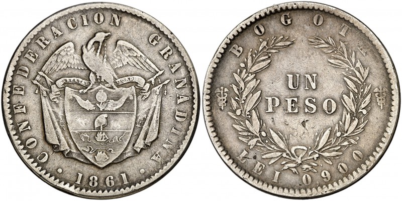 1861. Colombia. Confederación Granadina. Bogotá. 1 peso. (Kr. 126). 24,74 g. AG....