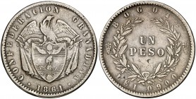 1861. Colombia. Confederación Granadina. Bogotá. 1 peso. (Kr. 126). 24,74 g. AG. Golpecitos en canto. MBC.