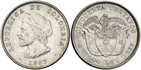 1892. Colombia. 50 centavos. (Kr. 187.2). 12,49 g. AG. 400 Aniversario del descubrimiento de América. Atractiva MBC+/MBC-